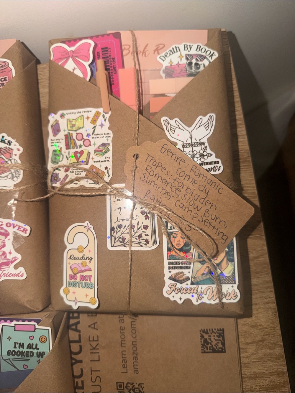 Handmade Brown Kraft Party Gift Wrap with Pink Accent Stickers